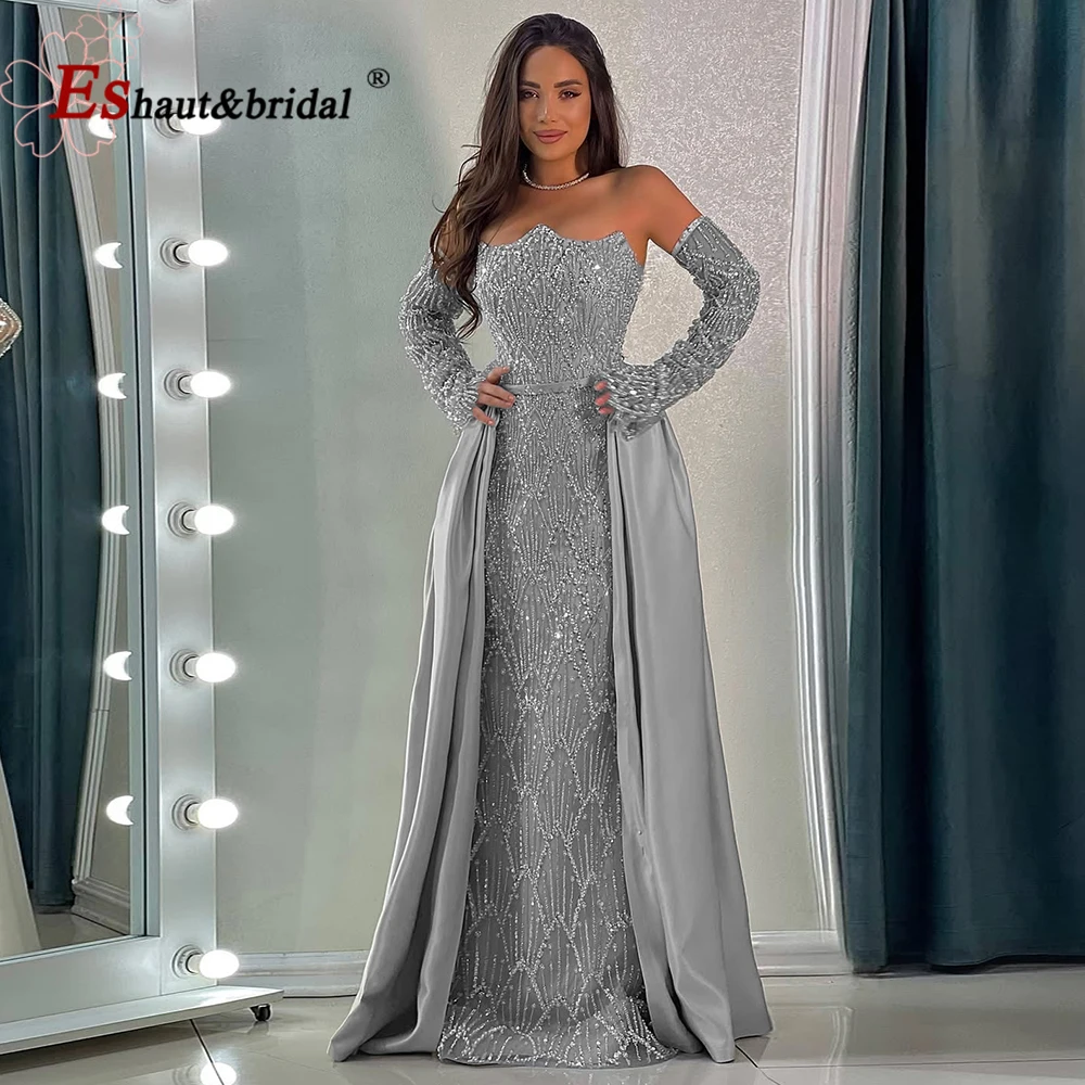 

Elegant Long Sleeve Mermaid Evening Dress for Women with Detachable Train Beaded 2025 Formal Prom Wedding Party Gown Customizd