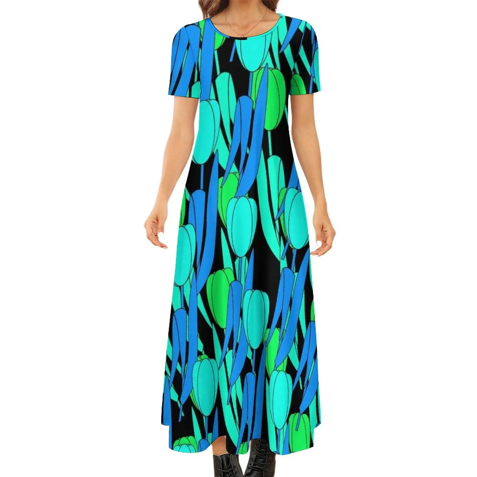 

Tulips (Jade and Azure) Round Neck Short Sleeve Dress evening dress long dresses for women party dress women elegant luxury