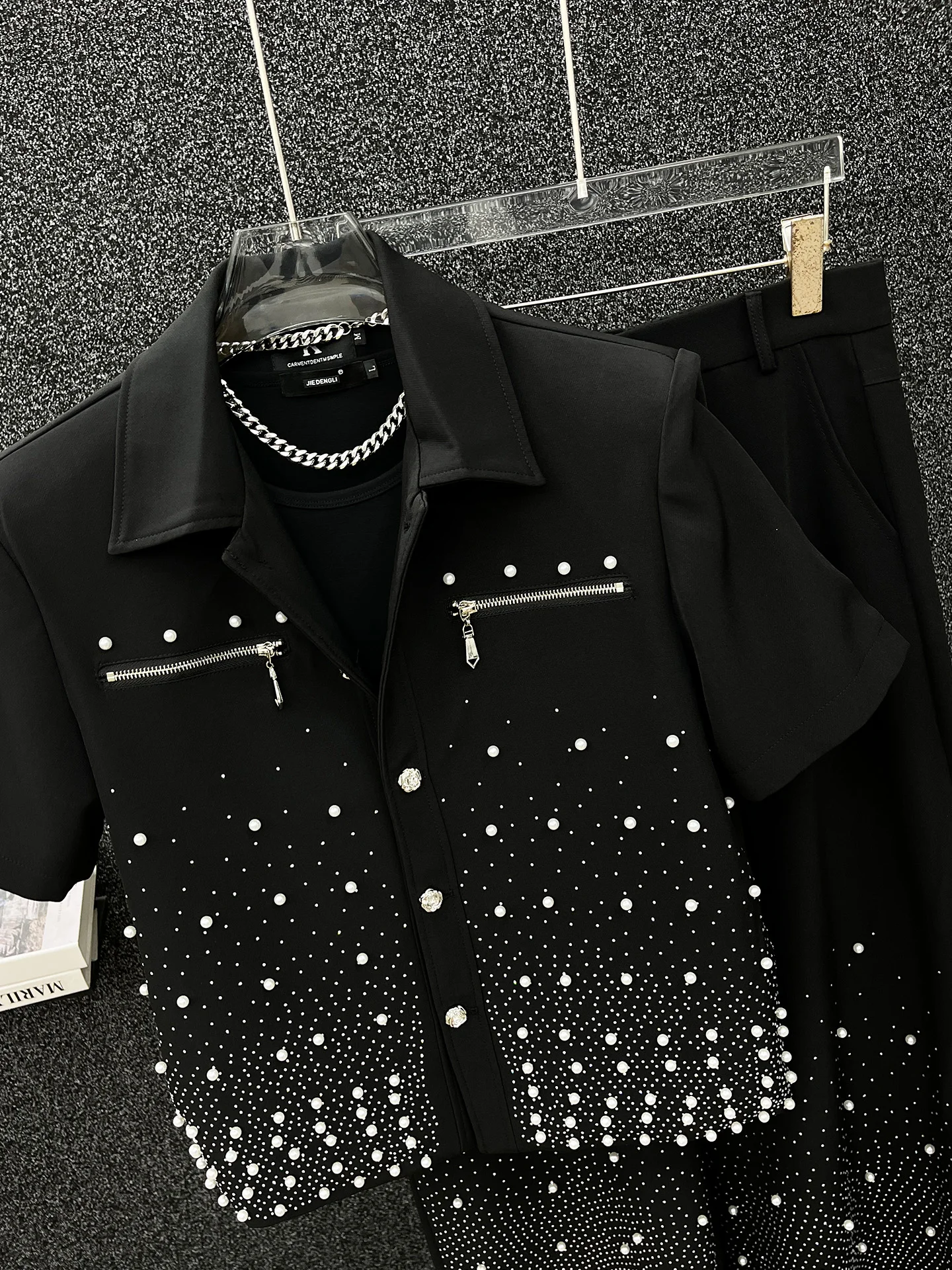 Summer New 2025 Pearl Short Sleeve Jacket Two-piece Fashion Trendy Men Gypsy Heavy Industry Hot Diamond Wide Leg Pants Set
