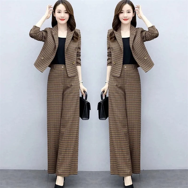 Women\'s Pants Two Piece Set Plaid Professional Suit Female Long Sleeve Temperament Wide leg Pants Suit 3XL