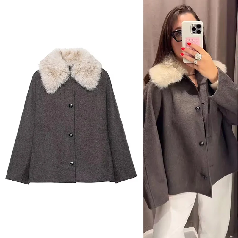 

Autumn Winter New Women Fur Collar Jacket Fashion Long Sleeve Button Coat Female High Street Outerwear