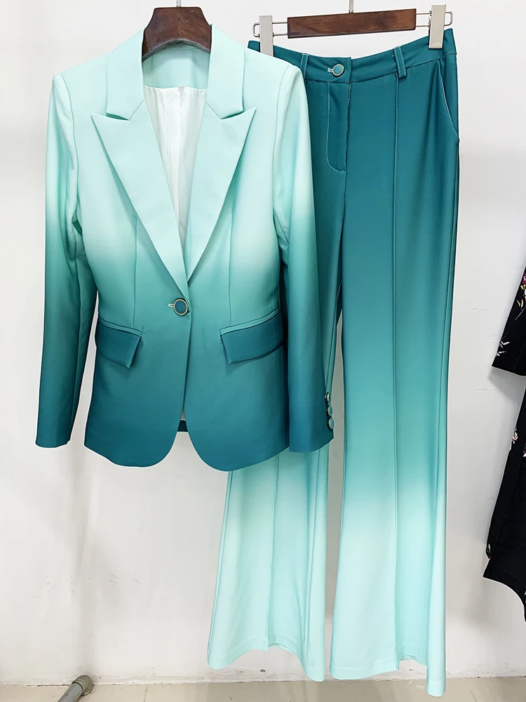 HIGH QUALITY Newest Fashion 2024 Designer Suit Set Women\'s Single Button Blazer Gradient Color Printed Flare Pants Suit 2pcs
