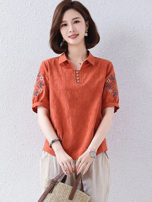 

Женский топ из чистого хлопка с цветочной вышивкой в ​​винтажном стиле, хлопково-льняной топ с короткими рукавами, свободный крой, летняя модная одежда для мам