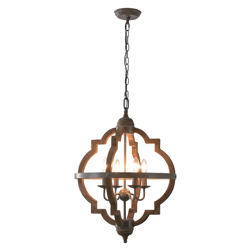 

Retro Solid Wood Rust Metal Chandelier Vintage Farmhouse 4 Candle Lights Lighting Fixture for Home Kitchen Living Room Bedroom