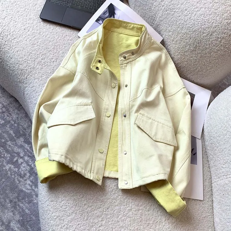 2027 Korean Light Blue Stand Collar Denim Jacket Women New Autumn Loose Short Jacket Petite Casual Fashion Outerwear Tops