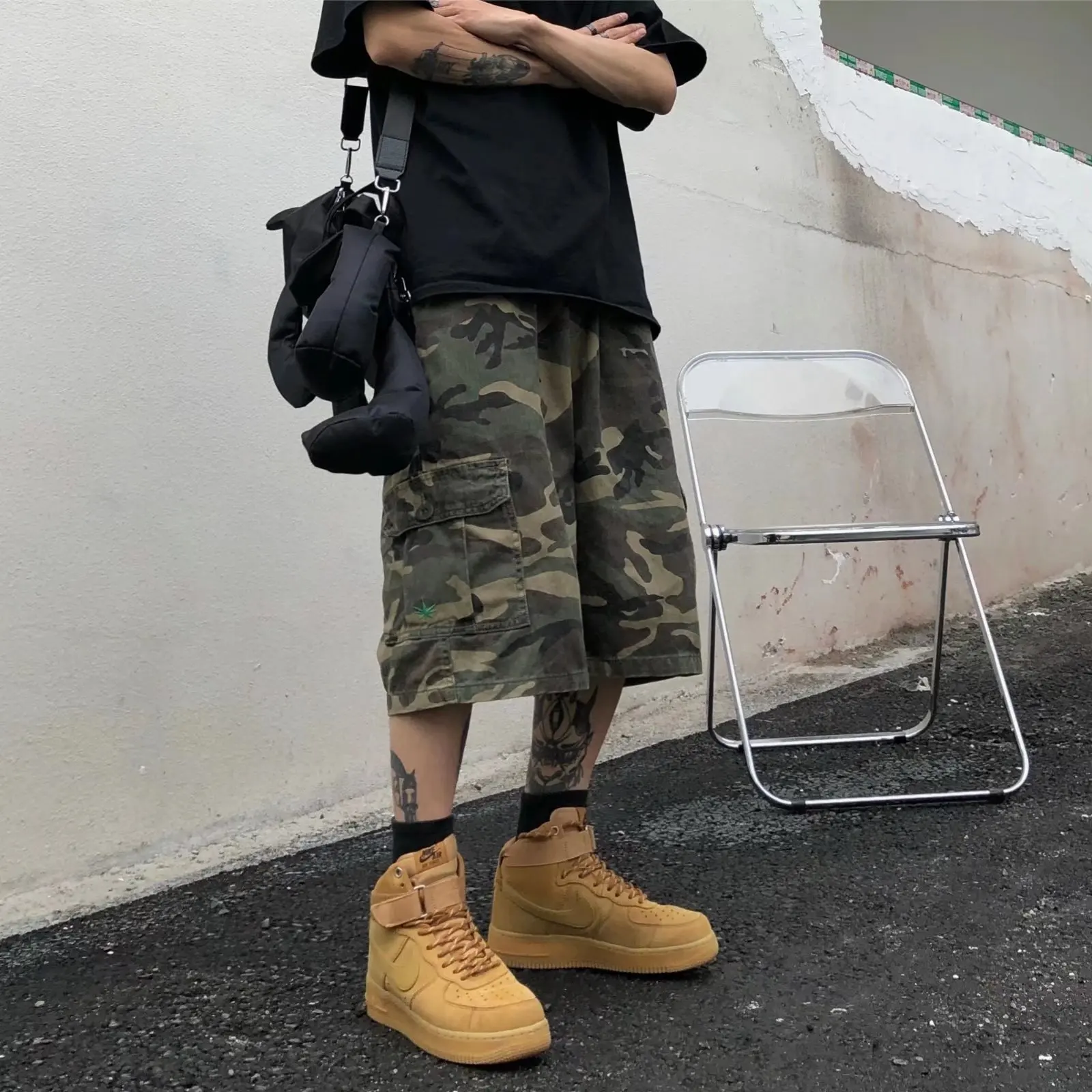 

American Sle Street Loose Camouflage Wide Leg in Workwear orts Elastic Waist Casual Versatile over Knee Seven-Foot Pants ...