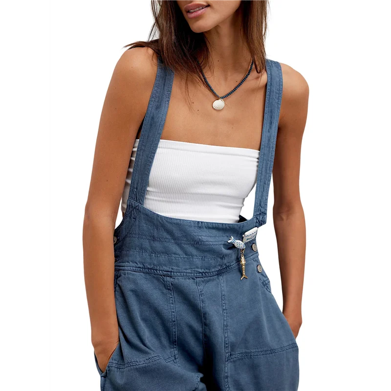 NUOVA tuta da donna con pagliaccetto regolabile in denim senza maniche laterale casual allentata con tasche