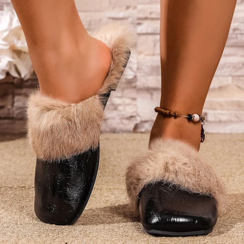 الفضة لامعة بولي Leather الجلود نِعال من الفراء النساء موضة كعب مسطح رقيق نعال من القطن امرأة ارتداء مقاومة عدم الانزلاق أحذية دافئة #4