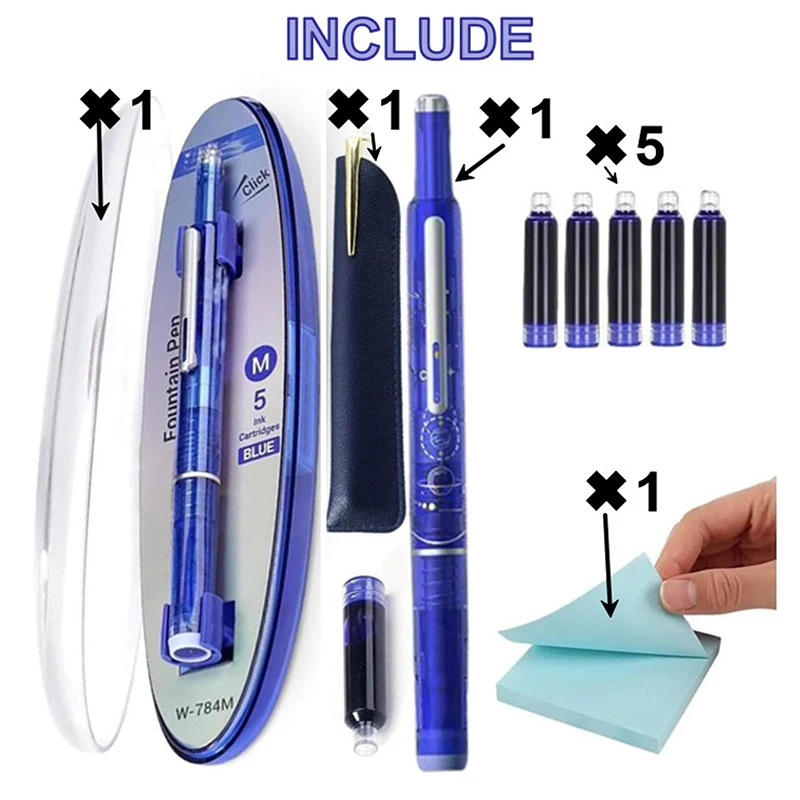 Fountain Pen Retractable 0.38mmInk Medium Nib Transparent Barrel For Calligraphy Includes 5 Refillable Ink Cartridges 1 Pen Case