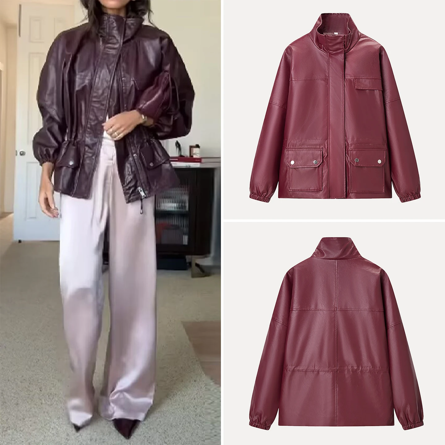 Jaqueta de Couro Casual Fena da Moda Outono 2025 Simples Versátil Moderna com Zíper Manga Longa Gola Alta