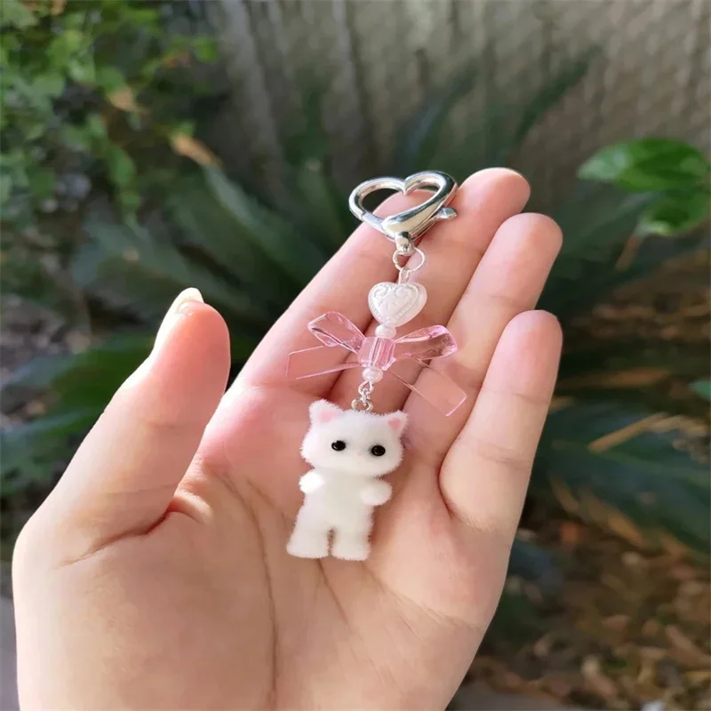 Cute Fuzzy Kitty Cat Heart Bow Keychain, Kitten, Kawaii, Pink Bow, Pearl Heart