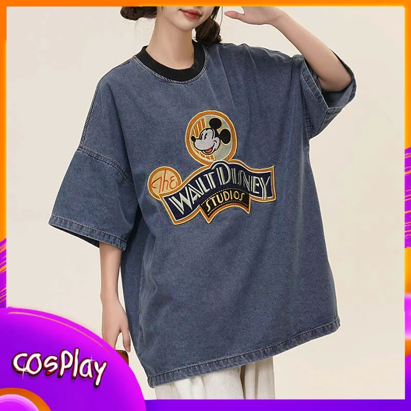 

Футболка с Микки Маусом, милая рубашка с короткими рукавами и вышивкой в ​​стиле мультфильма Дисней для женщин и мужчин, повседневный модный топ, свободная модная одежда, подарок