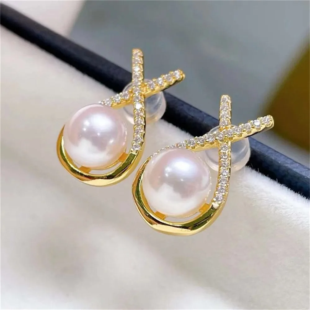 DIY Pearl Accessories 18K Bag Gold Copper Thick Gold Plating Classic Explosion Cross Design Silver Needle Stud Earrings Female