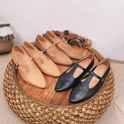 Birkuir Genuine Leather Mary Jane Shoes For Women Flat Heel Buckle Soft Soled Pointed Toe Low Heel Ladies Black Working Shoes