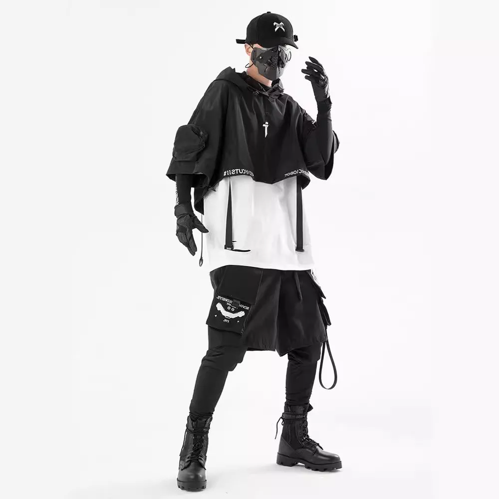 2024 Hotsale Techwear Style Hip Hop Cropped Jacket Pullover Mens Punk Motorcycle Hooded Cloak Multi-pockets Jaqueta