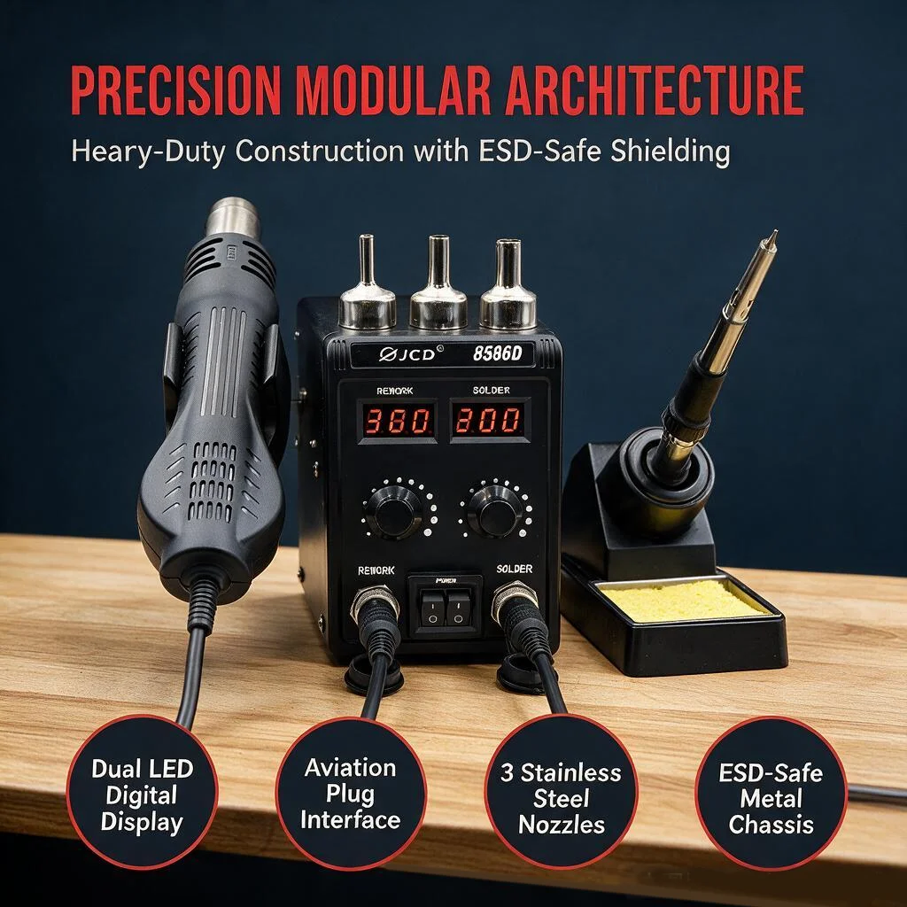 JCD 8586D Soldering Station 2 IN 1 Hot Air Gun Solder Station with 2 Digital display,10-Minute Sleep Mode for SMD Rework Tools