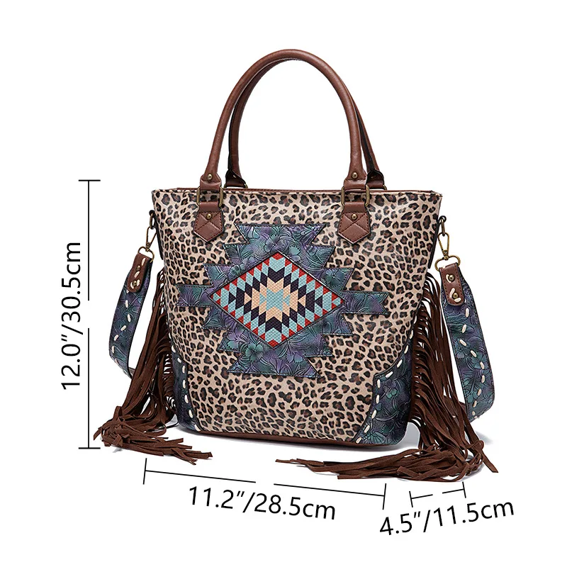 Fashion Leopard Brown Bucket Handbag Women Laptop Tote Bag with Tassels Large Capacity Western Cowgirls Shoulder Soft Tote Bags