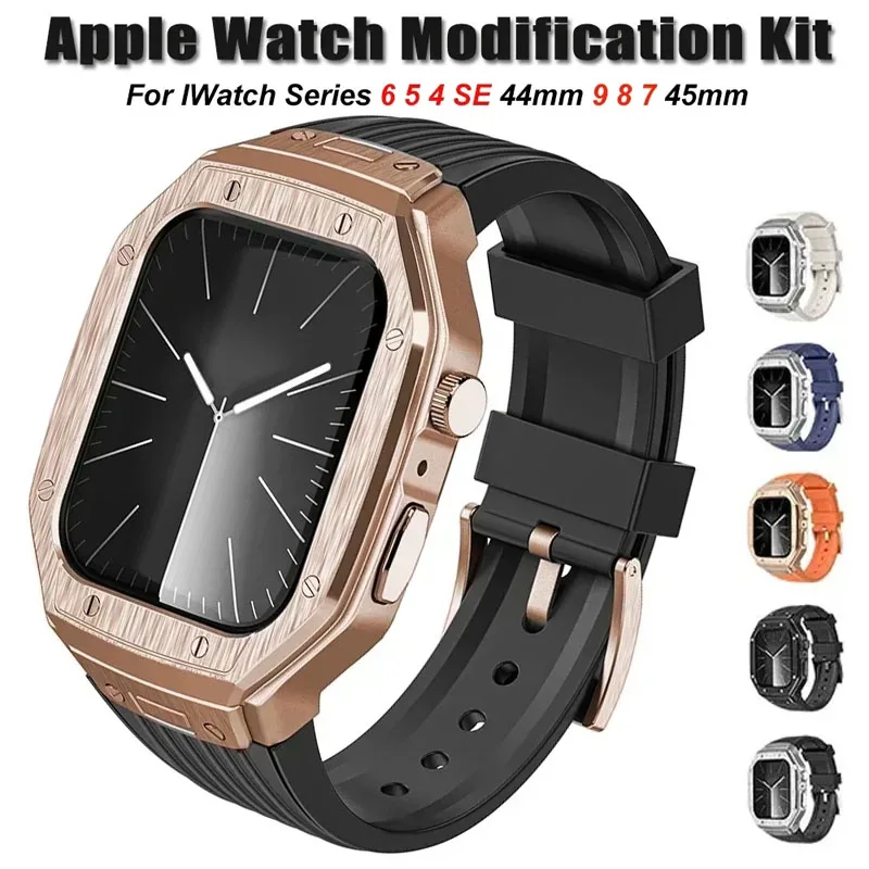 Modification Kit For Apple Watch 6 5 4 se 44mm 9 8 7 45mm Luxury Metal case+TPU Strap Replacement Accessories For IWatch Series