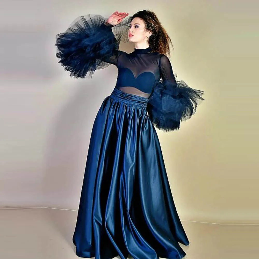 Navy Blue Satin Long Skirts Without Top  Lady Birthday Causal Skirts Female Maxi Party Skirts Womens Halloween Skirt For Photos