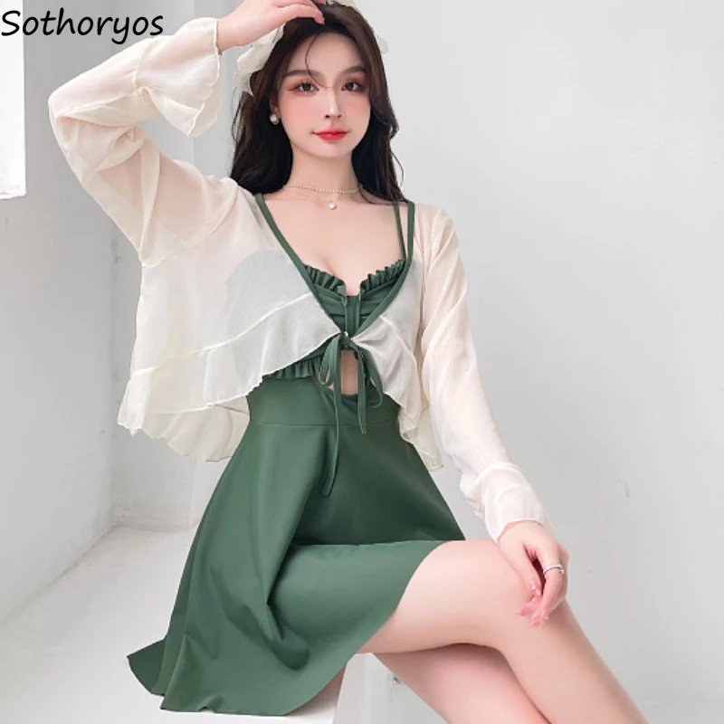 Sun-proof Cover-ups Women Sweet Ruffles Design Swimwear Tender Vacation Beach Style All-match Young Ulzzang Soft Chic Students