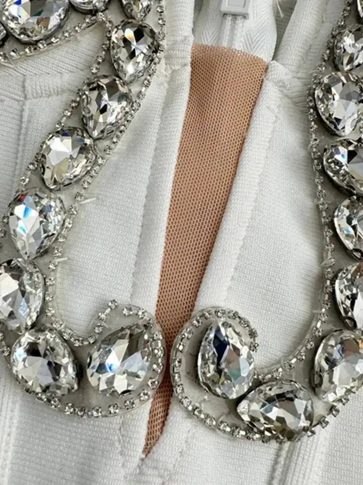 LEOSOXS 2025 mujeres celebridad Sexy sin mangas espalda descubierta diamante blanco Mini ceñido al cuerpo vendaje vestido elegante traje de fiesta y Club nocturno