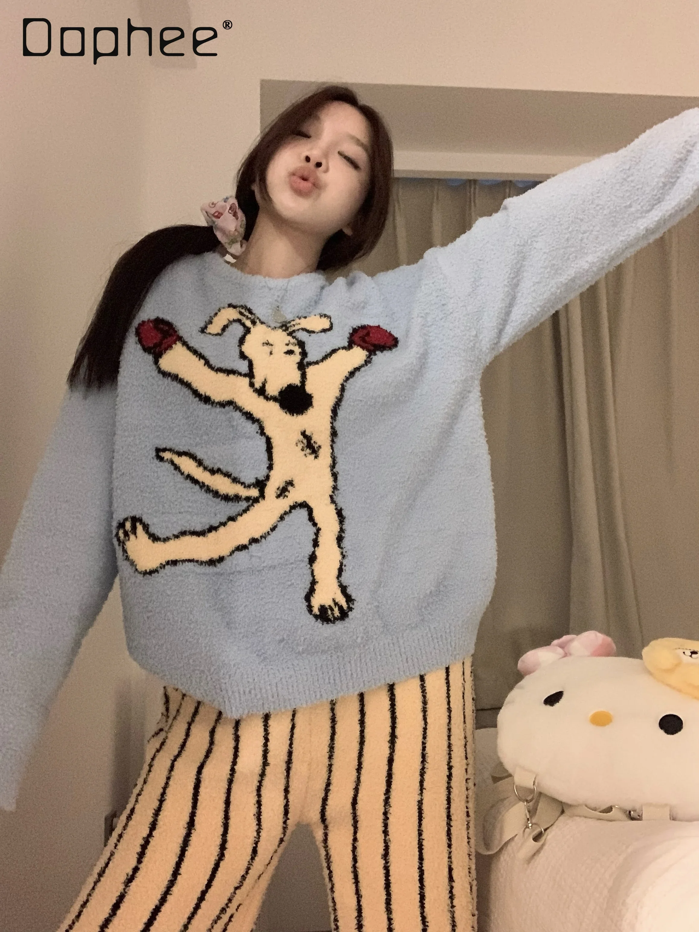 

Cute Boxing Dog Pajamas Girls Warm Round Collar Pullover and Striped Sleep Pants Cartoon Soft Loungewear Casual Fashion