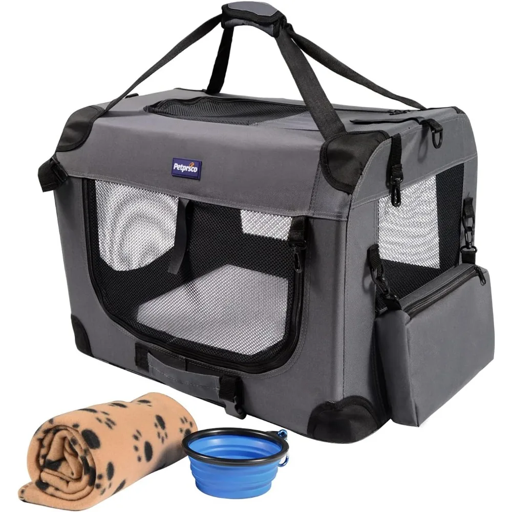 

Portable Collapsible Pet Crate with Soft Blanket and Foldable Bowl for Indoor Outdoor Use