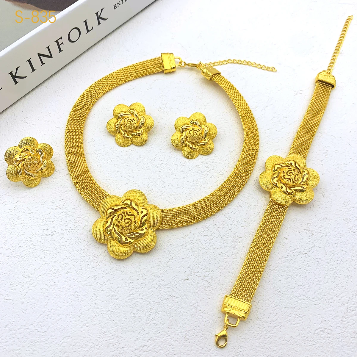 Dubai Indisch-Afrikanisches Netz-Chan-Halsketten-Ohrringe-Schmuckset für Damen, vergoldet, Nigeria, Braut, Hochzeit, Party, Geschenk, Schmuck – Detail 2