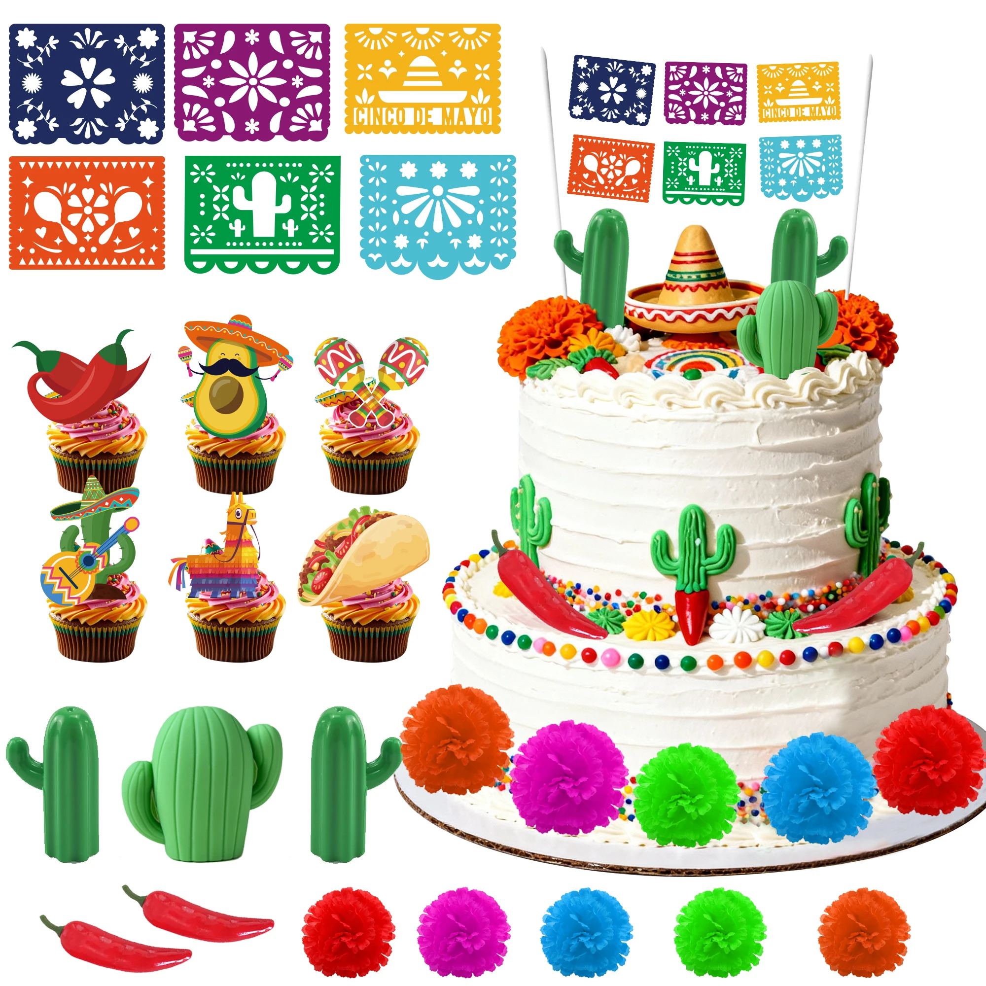34 Uds. Decoraciones para tartas de Fiesta mexicana, adornos para tartas mexicanas y adornos para magdalenas de Fiesta Mexicana para decoraciones para fiestas de Fiesta mexicana