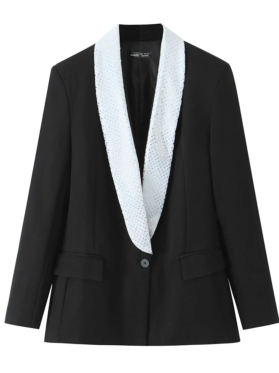

American Sle Casual Loose Women's Suit Jaet Color Blo Deep V Ne Long Sve Regular Length One Button Closure
