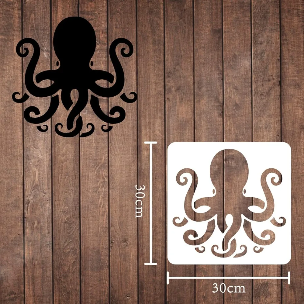 Octopus Drawing Painting Stencils Templates 11.8x11.8 inch Plastic Stencils Decoration Square Reusable Ocean Theme Stencils