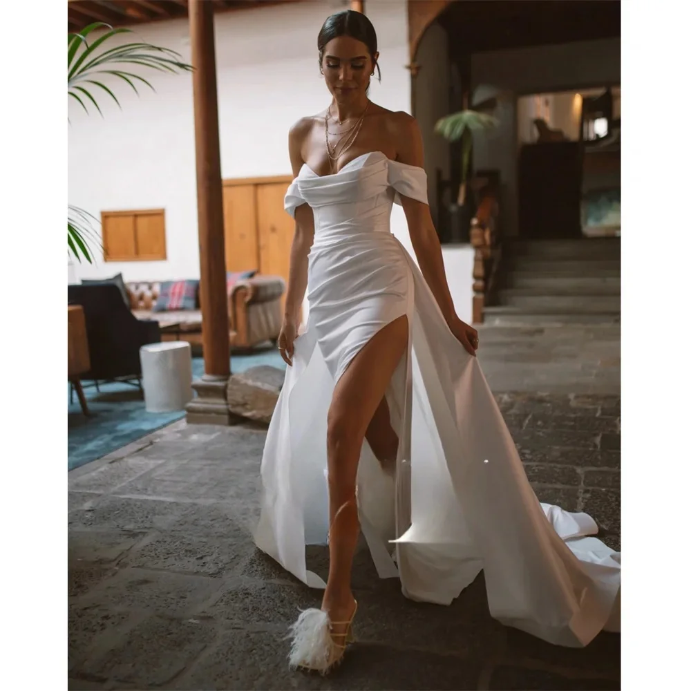 Customize To Measures Off-Shoulder Pleats V-Neck Crepe A-Line Wedding Dress Zipper Back High Side Slit Detachable Robe 2024