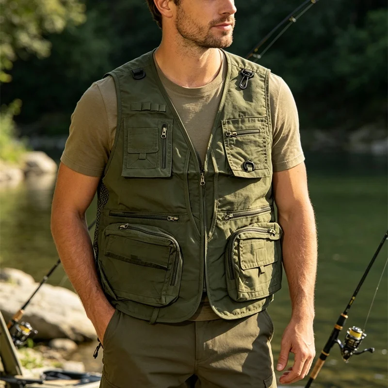 Summer multi-pocket Men undershirt zipper cardigan sports Vest Men Mesh Breathable tops outdoors loose Sleeveless men Vest S-6XL