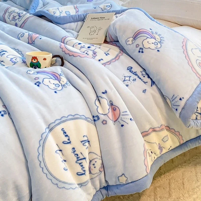 Cartoon Little Bear Coral Fleece Blanket Double Layered Warm Keep Bedroom Plush Quilt Machine Washable Easy Maintain Bed Sheets