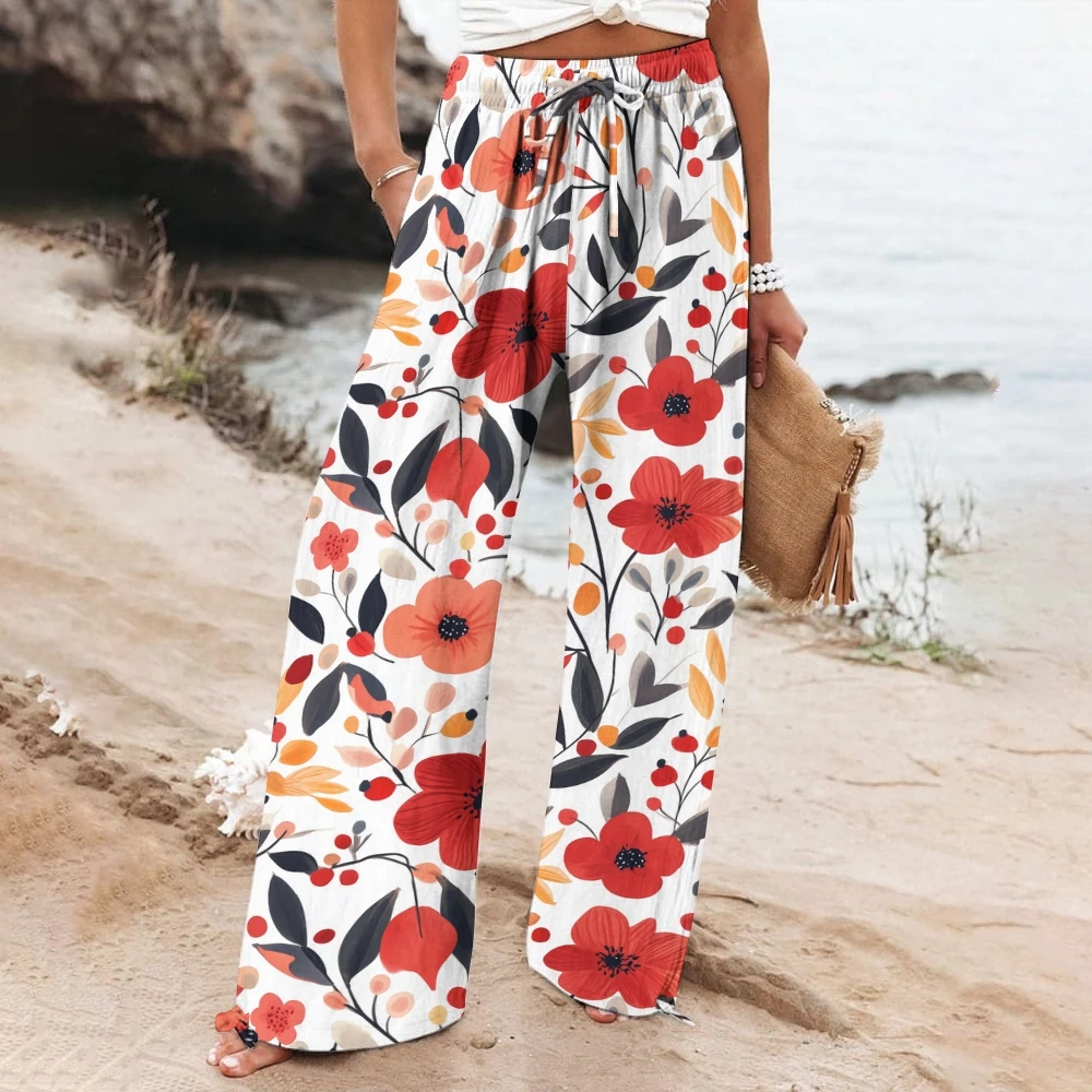 

Boho-Chic Blossom Drawstring Pants Versatile Vacation Vibes Outfits Chic Tropic Orange&Red Floral Trousers Straight Leg Pants