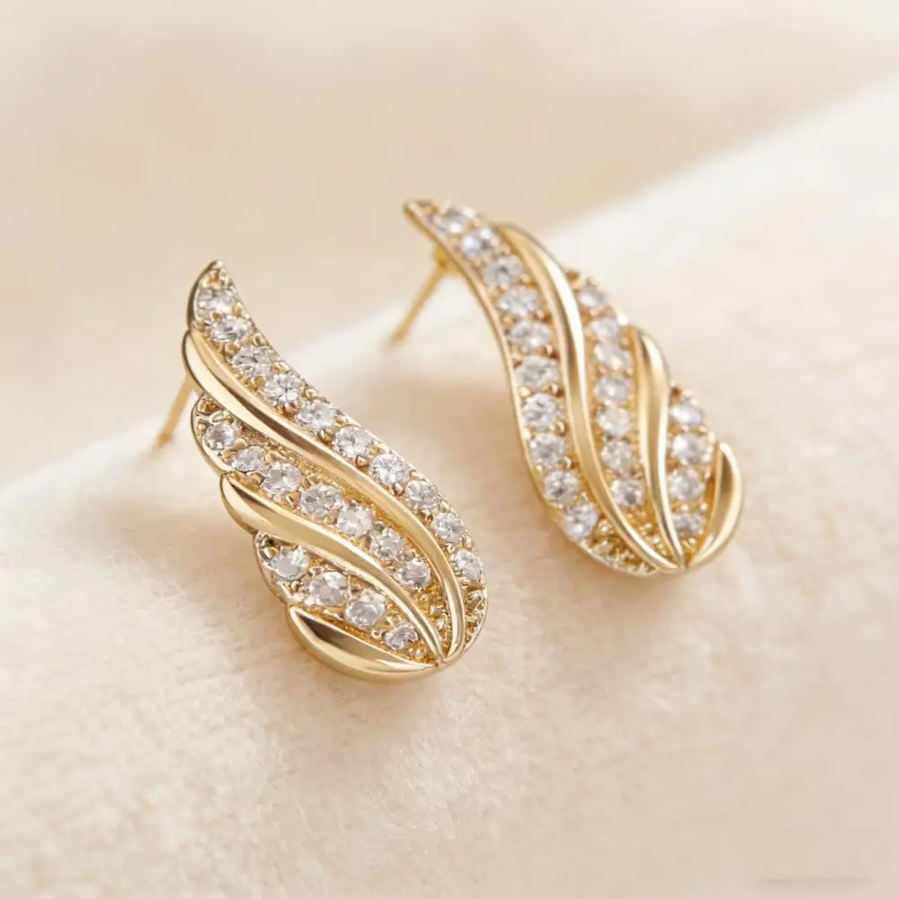Cute Small Angel Wings Feather Stud Earrings For Women Gold Color Zircon Ear Studs Female Daily Party Jewelry Gifts