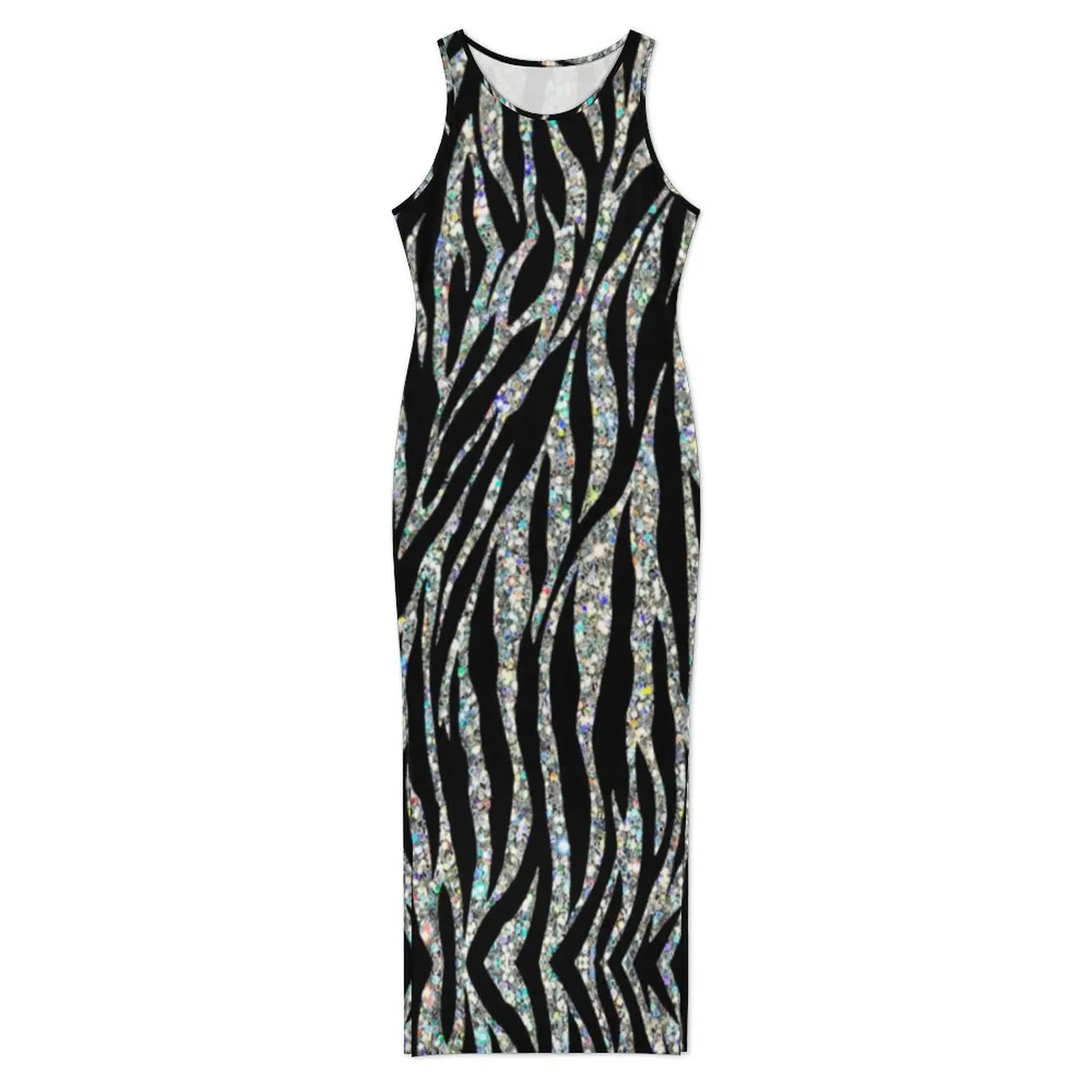 Abito aderente con zebra glitterato Abito estivo con stampa animalier astratta Abiti maxi casual Donna senza maniche Y2K Abito alla moda Taglia grande 3XL 4XL