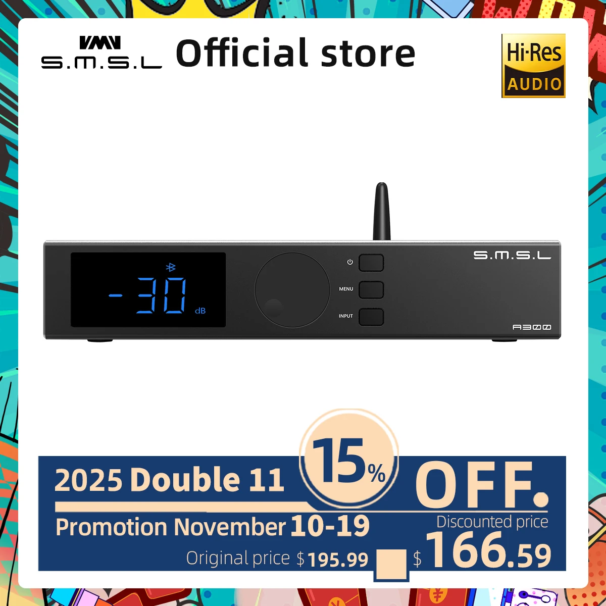 SMSL A300 Hi-res eindversterker 165W*2 BTL-modus Bluetooth 5.0 Ondersteuning passieve luidsprekers en actieve subwoofers met afstandsbediening