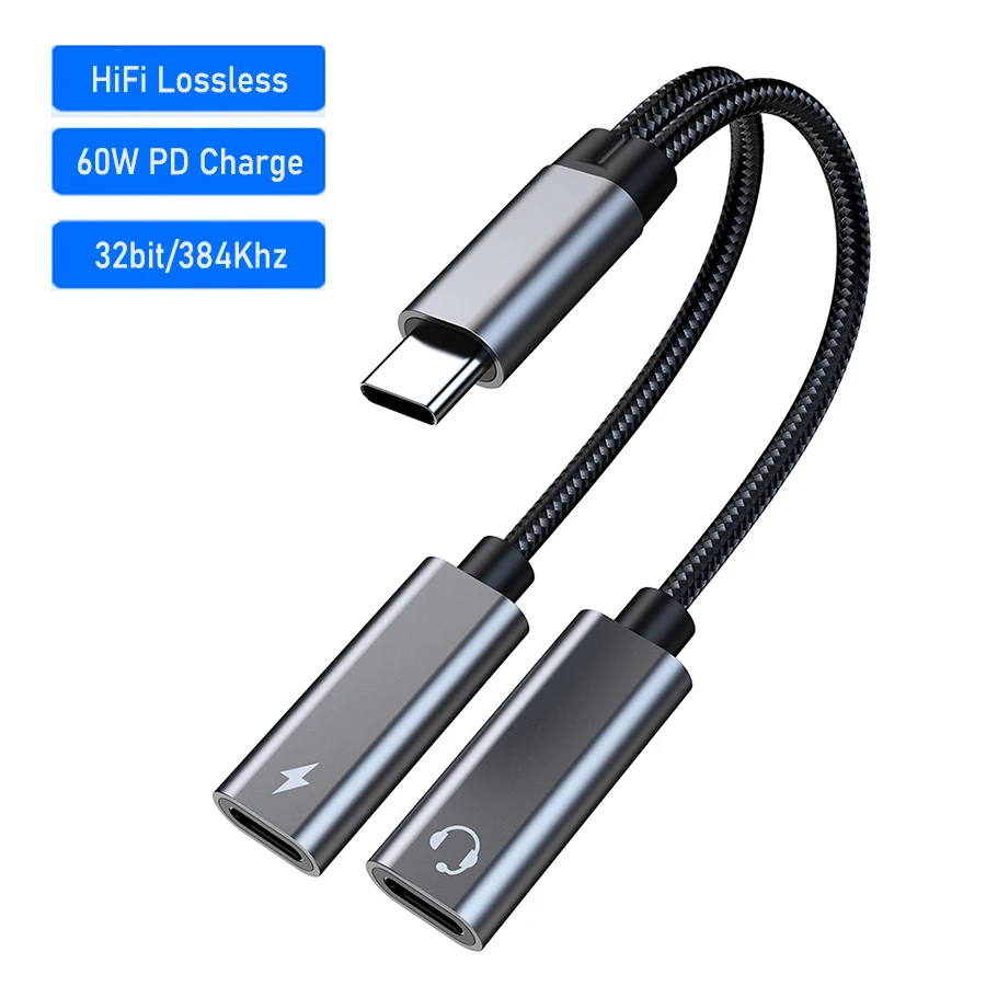 2in1 Type C Adapter C To C Jack Usb C Splitter HIFI DAC/Pd 60w For Samsung S24 Ultra Tab S9 Pixel 8 Iphone 15 Pro Oneplus 12 12R