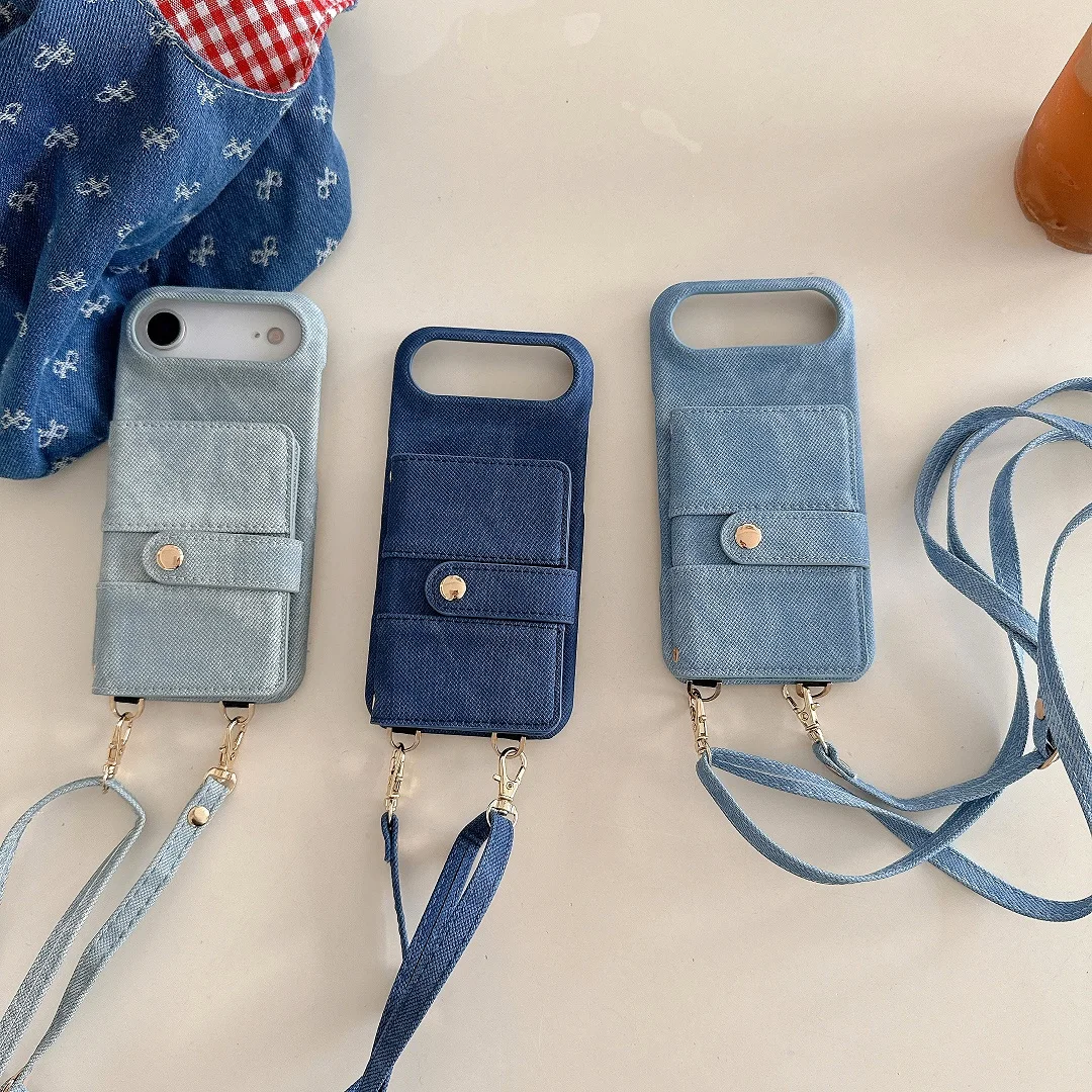 

Luxury Crossbody Denim Card Slot Pocket Wallet Case For iPhone 12 13 14 15 16 17 Pro Max Plus Mirror Makeup Phone Cover Purse