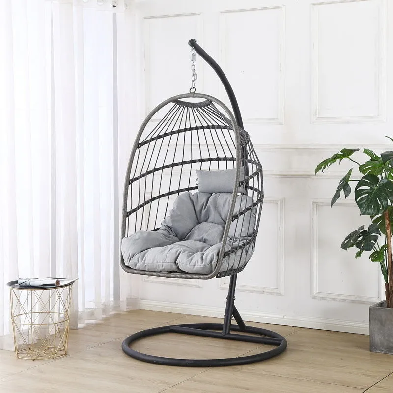 Outdoor Folding Metal Stand Furniture Rattan Wicker Double Seat Hanging Foldable Egg Swing Chair With Ottoman