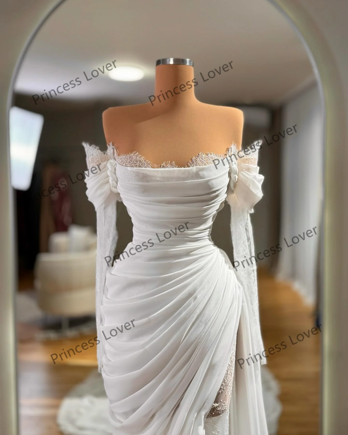 Abiti da sera in pizzo bianco maniche lunghe abito da cerimonia nuziale in chiffon personalizzato con spalle scoperte abiti da ballo abiti formali