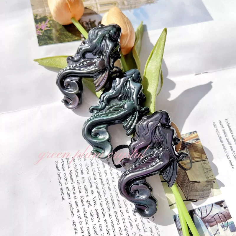 

Natural Rainbow Obsidian Mermaid Crystal Carved Stone Healing Ornaments Energy Home Decor Craft Gem Magic Amulet Men Women Gift