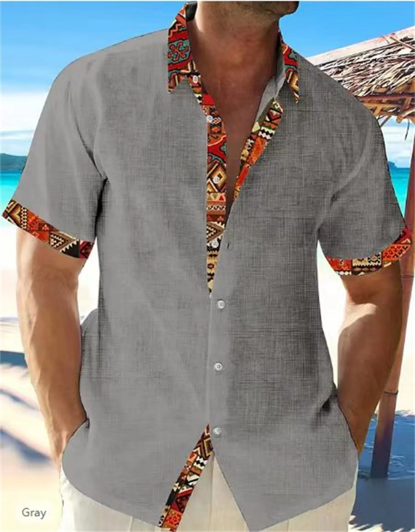 Men's linen simple retro 3D printed ethnic style casual vacation shirt men's business short-sleeved lapel button large-size top