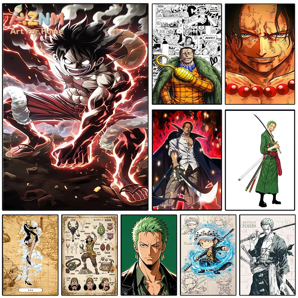 AZNM One Piece Luffy Gear Fourth Ace Shanks Zoro Law Crocodile Anime Manga Canvas Wall Art Character Blueprint Print Unframed Ca