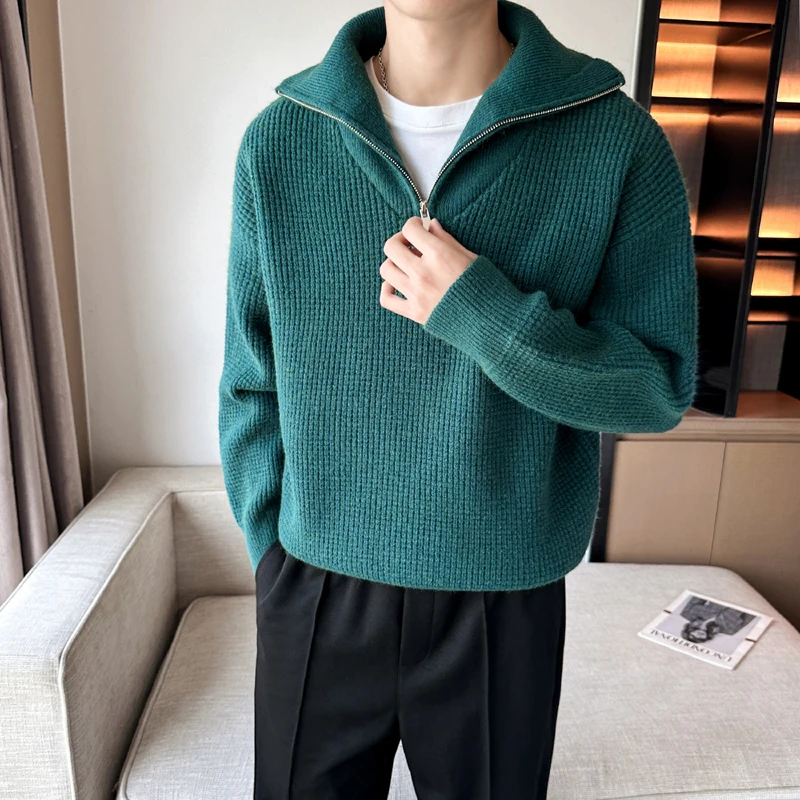 

Korean Thick Warm Knitted Men's Clothing Casual Knit Pullover Man to Man Sweaters For Men Loose Zipper Long Sleeve Sweater Male