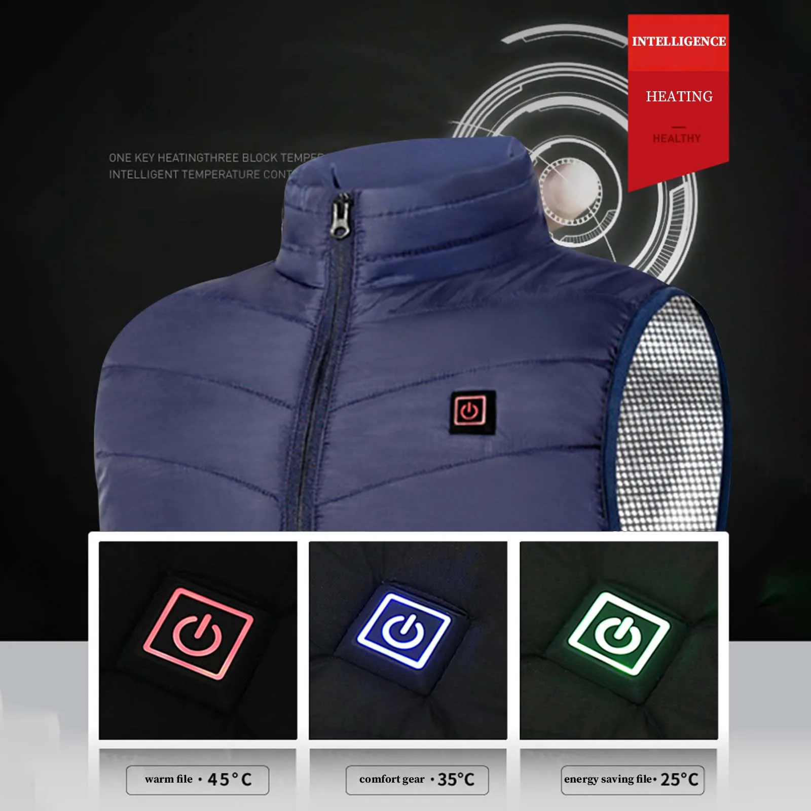 Zone 2 Intelligent verwarmingsvest met enkele bediening, USB-oplaadverwarmingskleding voor heren en dames, warme buitenkleding