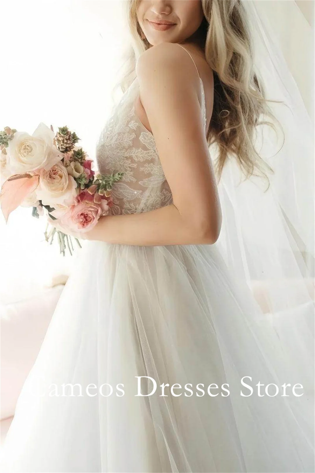 SONDR Customized Spaghetti Straps Backless Ivory Wedding Dresses A-Line Knee Length Tulle Brides Gowns Women Bridal Dresses