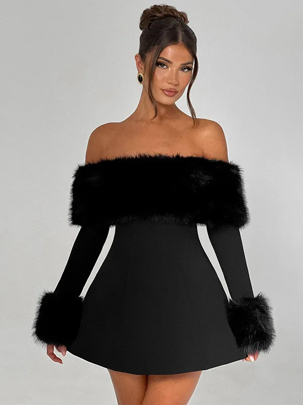 Sexy Shoulder Bared Dress with Fur Collar A-Line Skirt for Women High Waist Cotton Nylon Fabric Long Sleeve Zipper Back