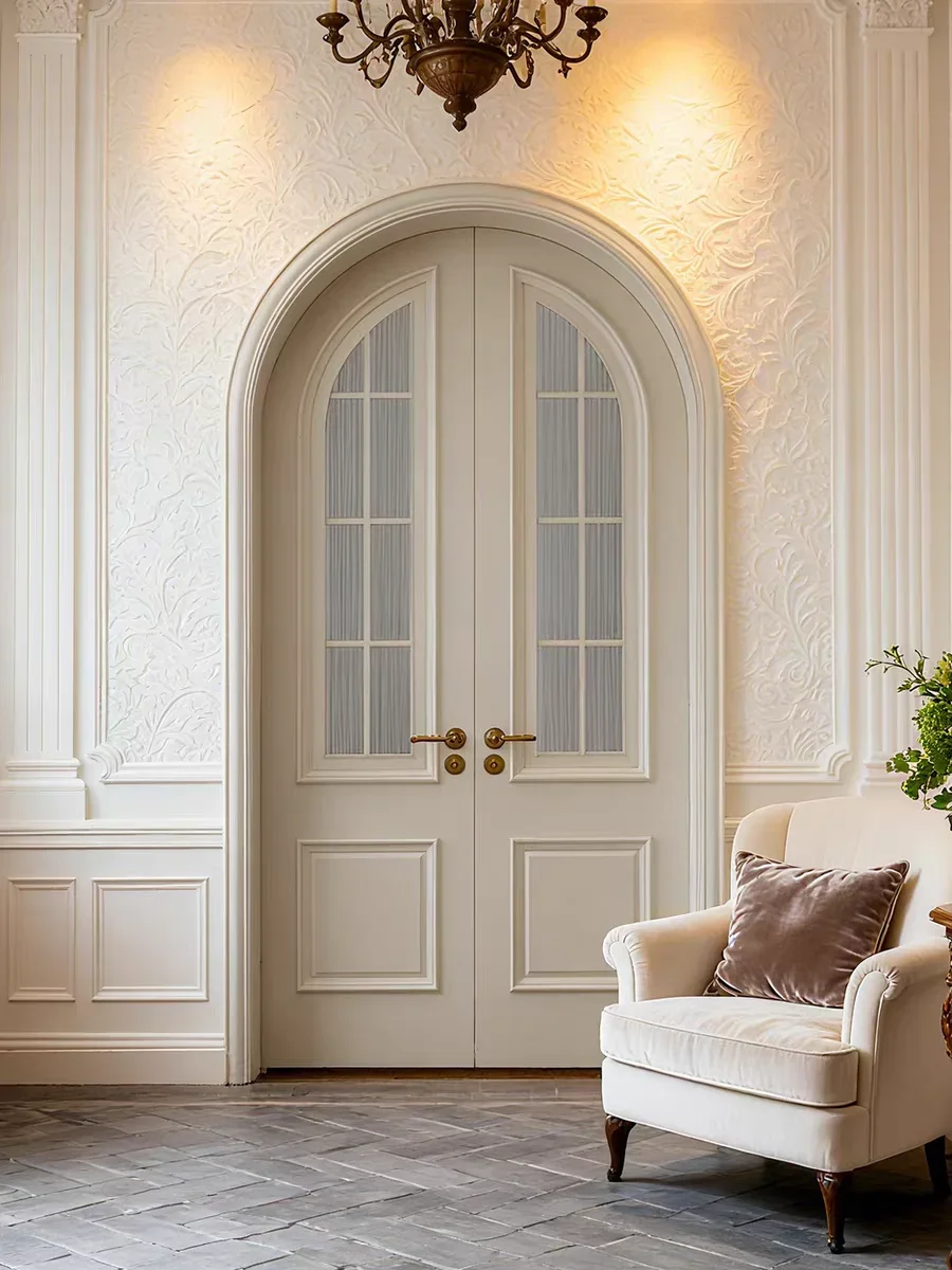 xx-Customization Medieval Style Hinged Wooden Door Single Door Swing Circular Arc Deep Buckle Line Double Buckle Wire Frosted
